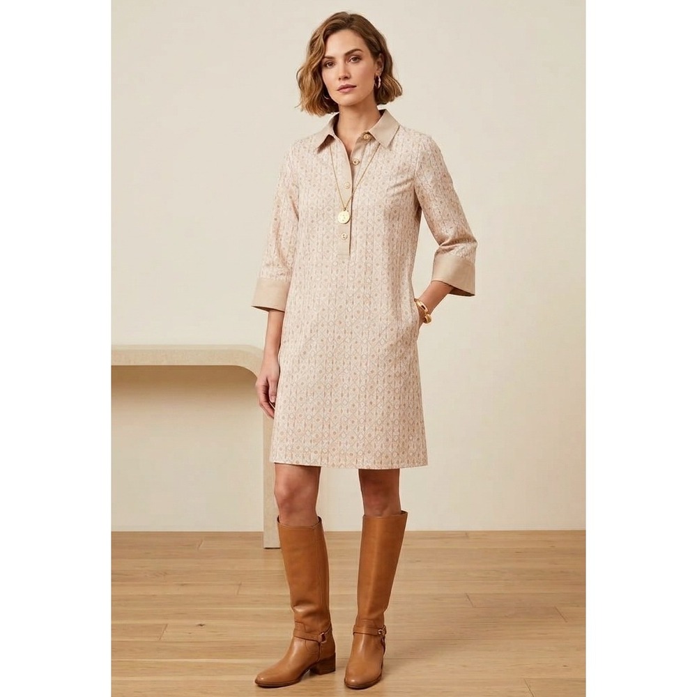 J.McLaughlin Women Tan Geometric Diamond Print Shirt Dress Size M Pockets